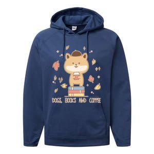 Cute Shiba Inu Dogs Books And Coffee Autumn Meaningful Gift Performance Fleece Hoodie