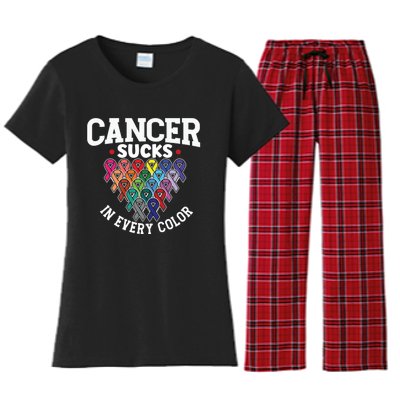 Cancer Sucks In Every Color Cancer Awareness Ribbons Warrior Gift Women's Flannel Pajama Set