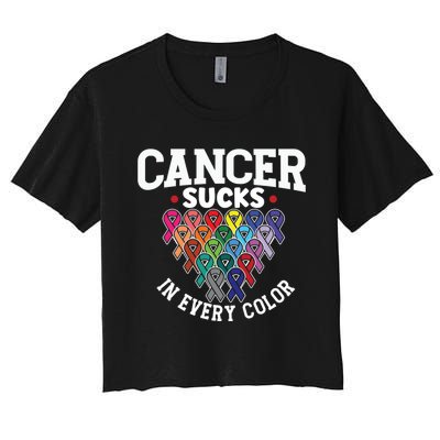 Cancer Sucks In Every Color Cancer Awareness Ribbons Warrior Gift Women's Crop Top Tee