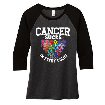 Cancer Sucks In Every Color Cancer Awareness Ribbons Warrior Gift Women's Tri-Blend 3/4-Sleeve Raglan Shirt