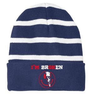 Confused Skull I'm Broken Invisible Illness I'm OK Broken Striped Beanie with Solid Band