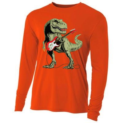 Cool Sarcastic Illustration TRex Dinosaur Playing Guitar Cooling Performance Long Sleeve Crew