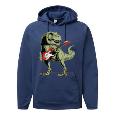 Cool Sarcastic Illustration TRex Dinosaur Playing Guitar Performance Fleece Hoodie