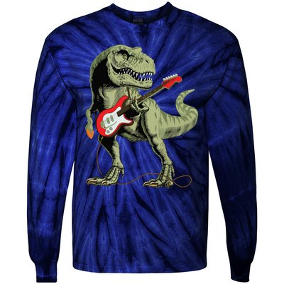 Cool Sarcastic Illustration TRex Dinosaur Playing Guitar Tie-Dye Long Sleeve Shirt