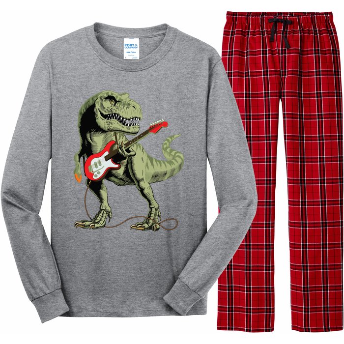 Cool Sarcastic Illustration TRex Dinosaur Playing Guitar Long Sleeve Pajama Set