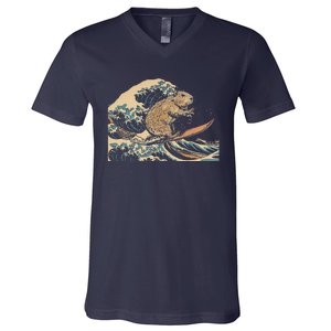 Capybara Surfing Japanese Wave Surfer Animal Funny Capybara V-Neck T-Shirt