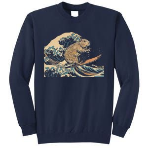 Capybara Surfing Japanese Wave Surfer Animal Funny Capybara Tall Sweatshirt