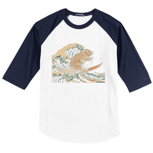 Capybara Surfing Japanese Wave Surfer Animal Funny Capybara Baseball Sleeve Shirt