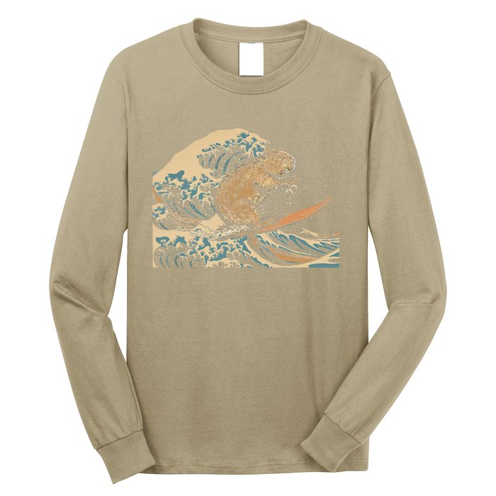 Capybara Surfing Japanese Wave Surfer Animal Funny Capybara Long Sleeve Shirt