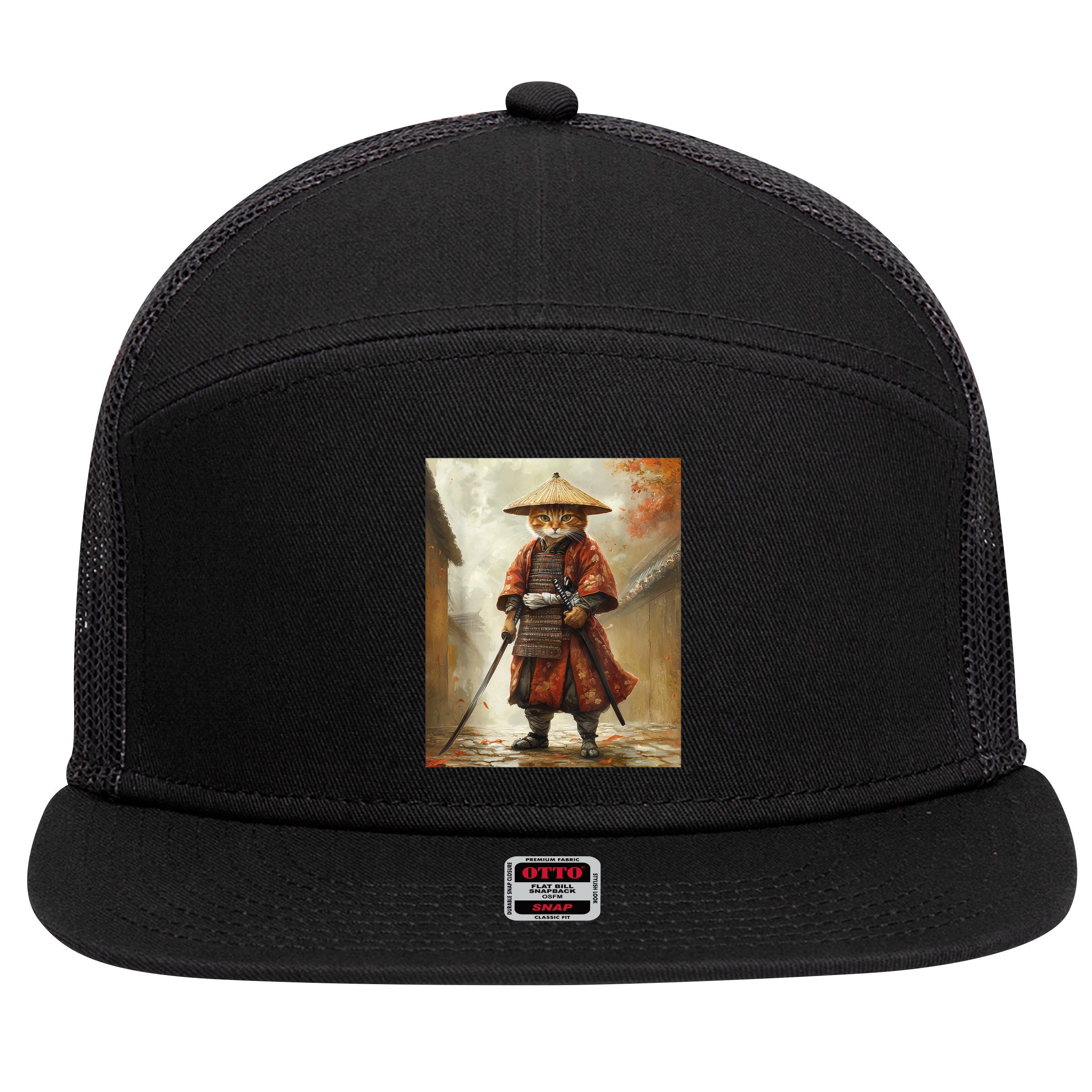 Cat Samurai Japan Japanese Funny Graphic  7 Panel Mesh Trucker Snapback Hat