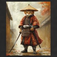 Cat Samurai Japan Japanese Funny Graphic  7 Panel Mesh Trucker Snapback Hat