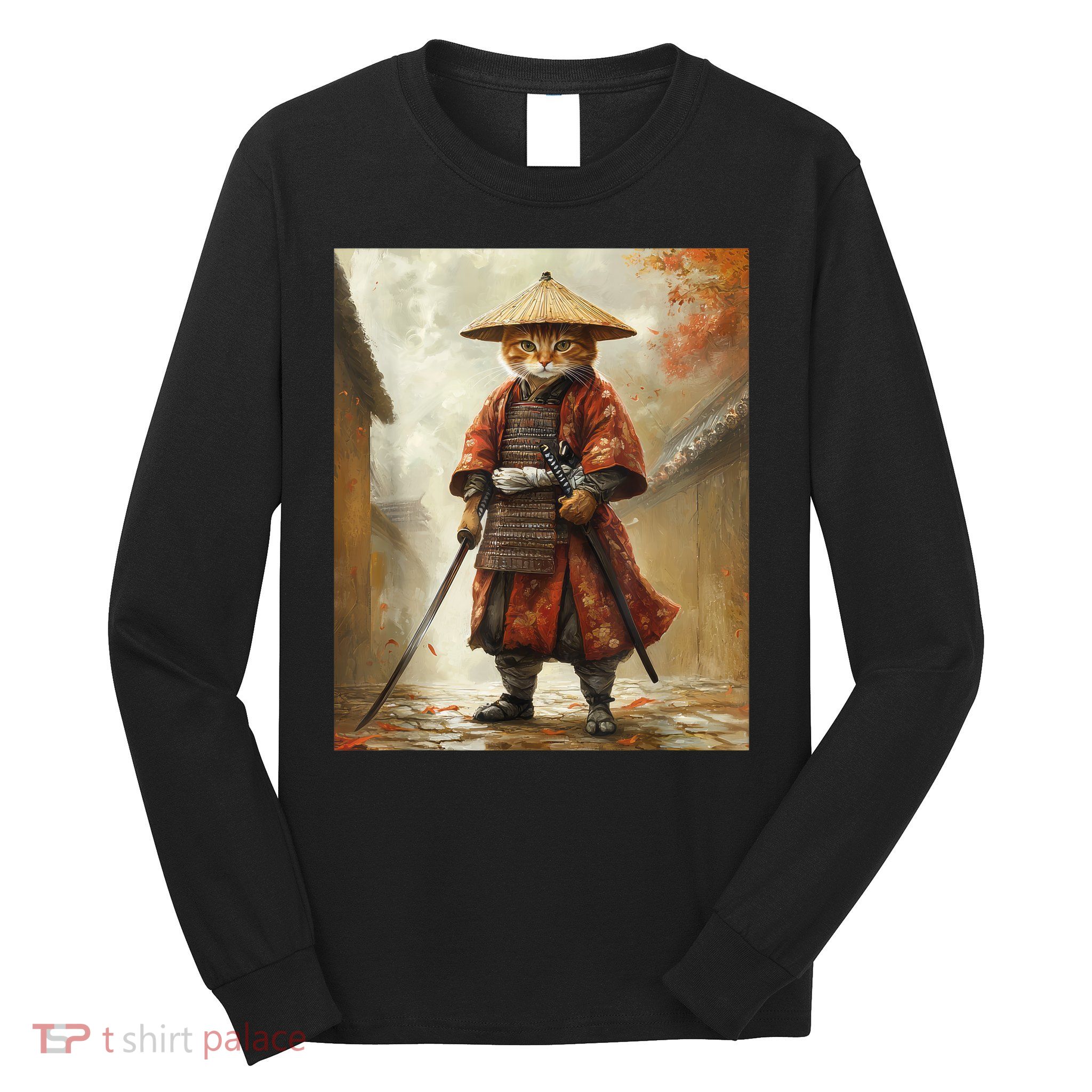 Cat Samurai Japan Japanese Funny Graphic  Long Sleeve Shirt