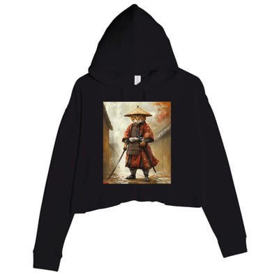 Cat Samurai Japan Japanese Funny Graphic  Crop Fleece Hoodie