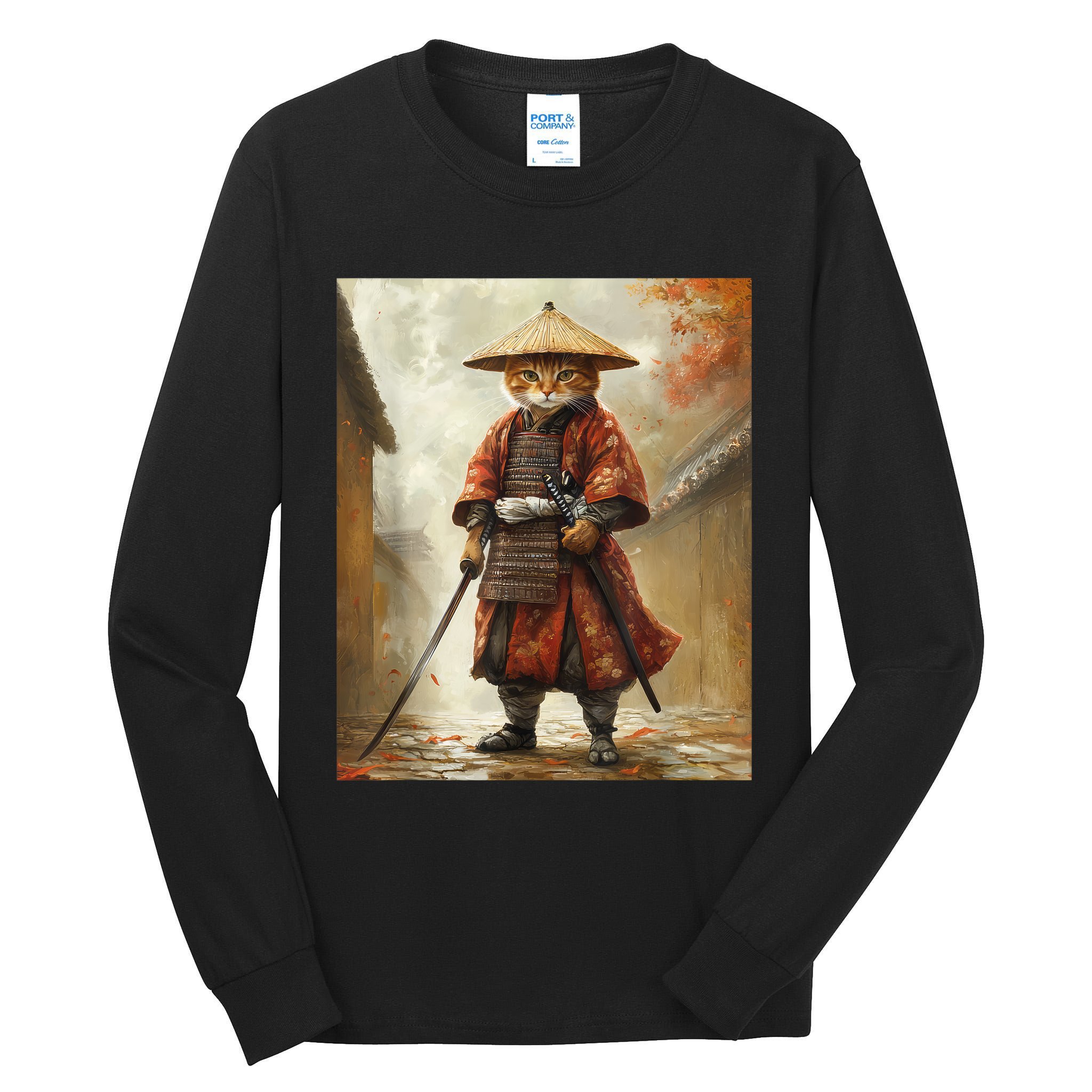 Cat Samurai Japan Japanese Funny Graphic  Tall Long Sleeve T-Shirt