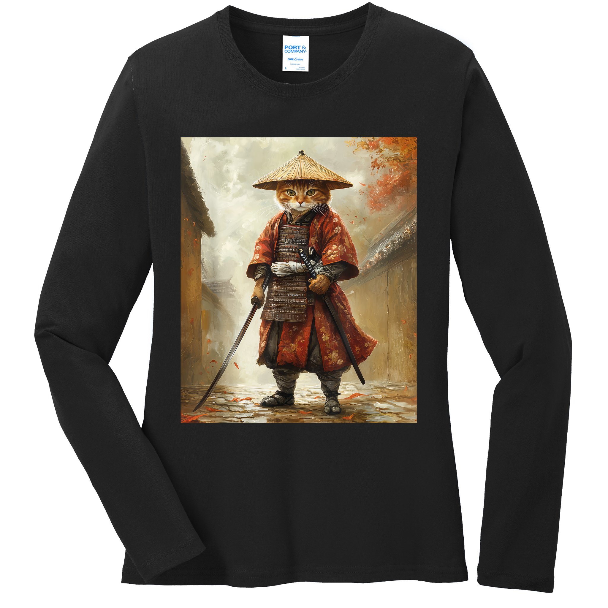 Cat Samurai Japan Japanese Funny Graphic  Ladies Long Sleeve Shirt