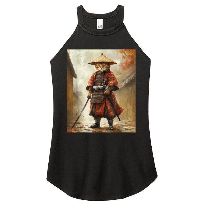 Cat Samurai Japan Japanese Funny Graphic  Women's Perfect Tri Rocker Tank