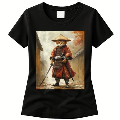 Cat Samurai Japan Japanese Funny Graphic  Womens T-Shirt