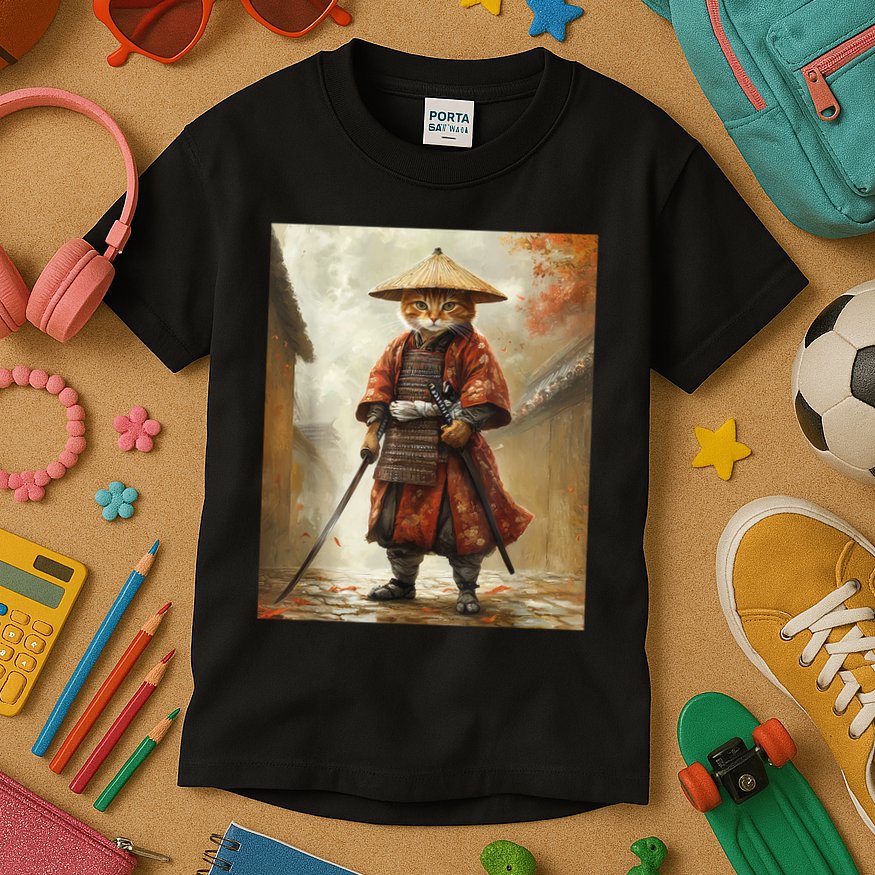 Cat Samurai Japan Japanese Funny Graphic  Kids T-Shirt
