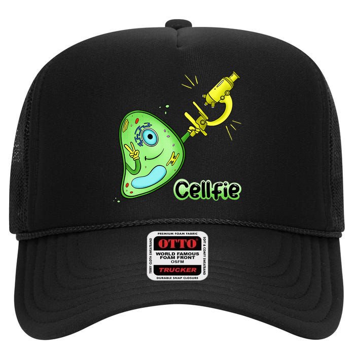 Cellfie Science Joke Biology Cell & Microscope Selfie Pun High Crown Mesh Back Trucker Hat