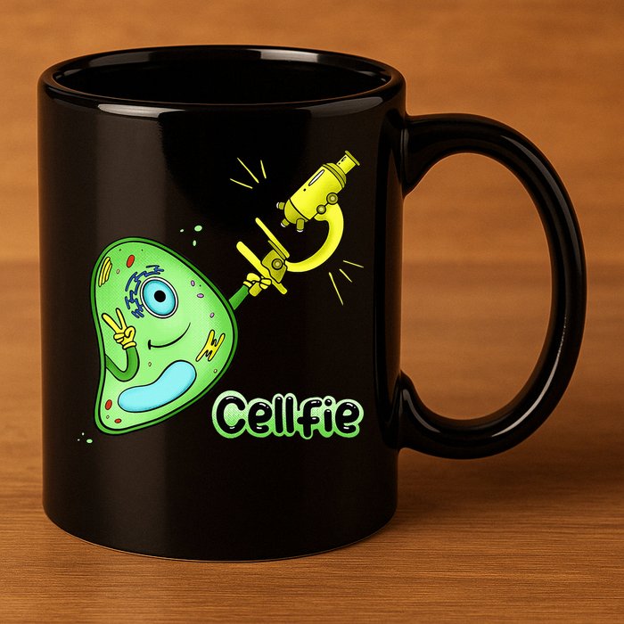 Cellfie Science Joke Biology Cell & Microscope Selfie Pun 11oz C Handle Ceramic Mug