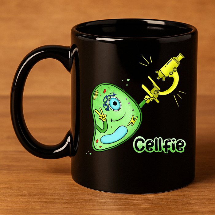 Cellfie Science Joke Biology Cell & Microscope Selfie Pun 11oz C Handle Ceramic Mug