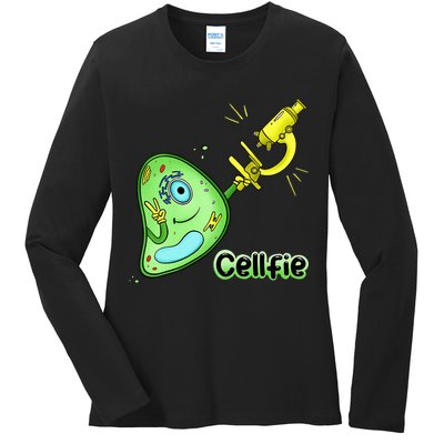 Cellfie Science Joke Biology Cell & Microscope Selfie Pun Ladies Long Sleeve Shirt