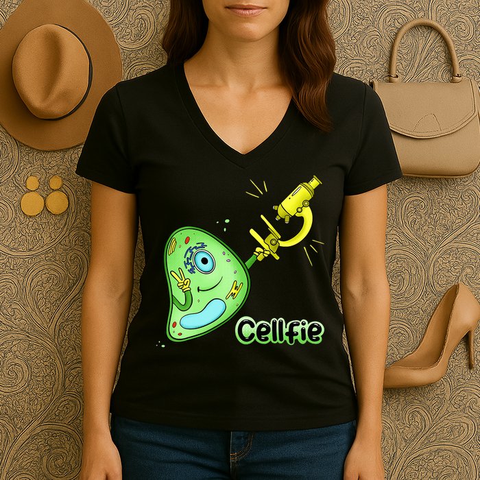 Cellfie Science Joke Biology Cell & Microscope Selfie Pun Women's V-Neck T-Shirt