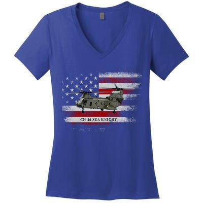 Ch46 Sea Knight Helicopter Usa Flag Helicopter Pilot Funny Gift Women's V-Neck T-Shirt