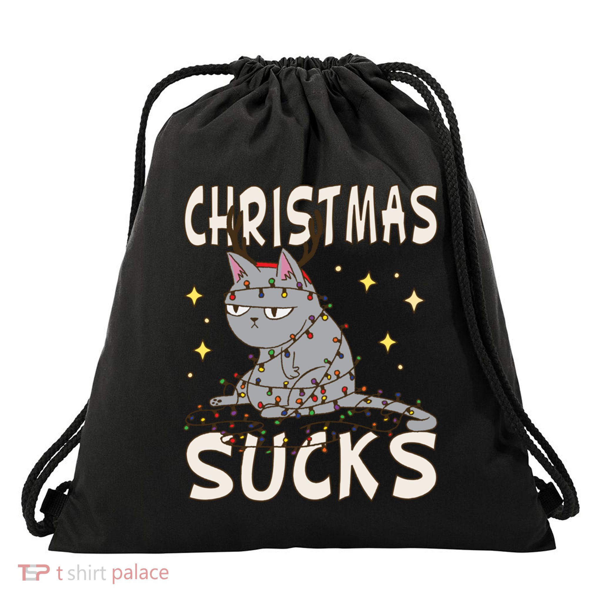 Christmas Sucks Kitty Merry Christmas Cat Gift Drawstring Bag