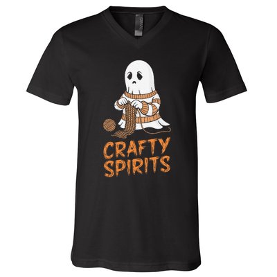 Crafty Spirits Knitting Ghost Design For Halloween Fun V-Neck T-Shirt