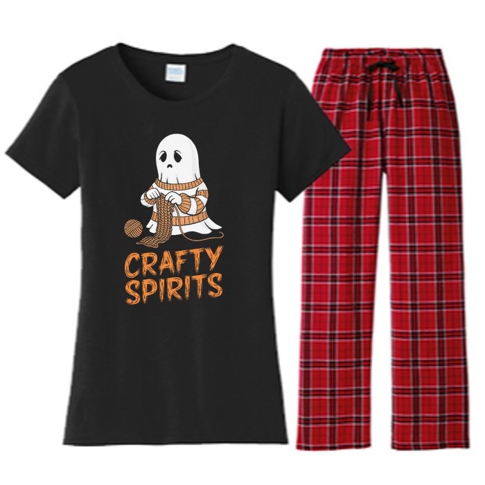 Crafty Spirits Knitting Ghost Design For Halloween Fun Women's Flannel Pajama Set