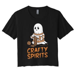 Crafty Spirits Knitting Ghost Design For Halloween Fun Women's Crop Top Tee