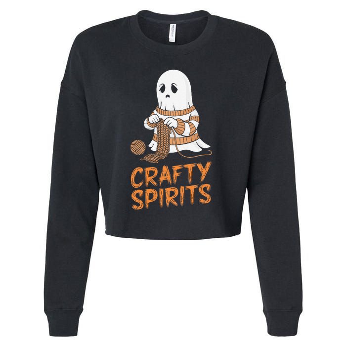 Crafty Spirits Knitting Ghost Design For Halloween Fun Cropped Pullover Crew