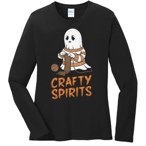 Crafty Spirits Knitting Ghost Design For Halloween Fun Ladies Long Sleeve Shirt