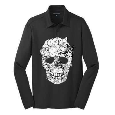 Cat Skull Kitty Skeleton Halloween Costume Skull Cat Silk Touch Performance Long Sleeve Polo