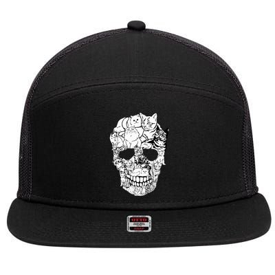 Cat Skull Kitty Skeleton Halloween 7 Panel Mesh Trucker Snapback Hat