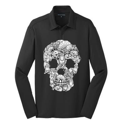 Cat Skull Kitty Skeleton Halloween Costume Cat Lover Silk Touch Performance Long Sleeve Polo