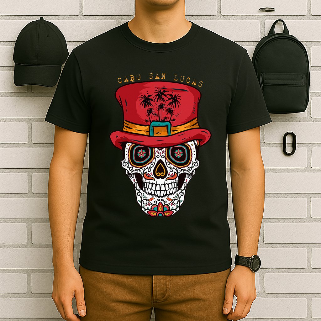 Cabo San Lucas Sugar Skull & Hat Souvenir T-Shirt