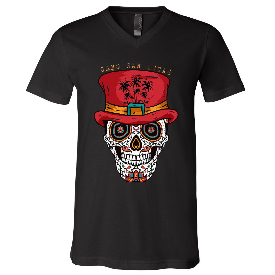 Cabo San Lucas Sugar Skull & Hat Souvenir V-Neck T-Shirt