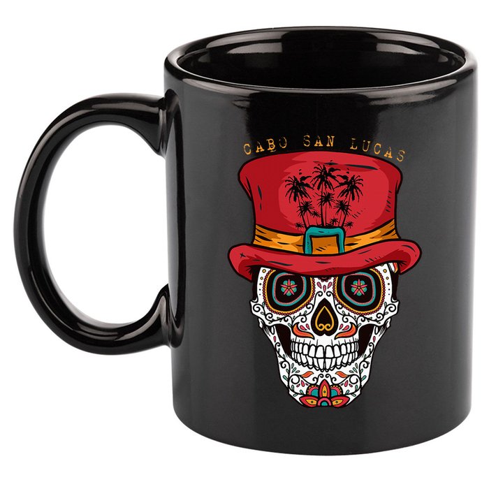 Cabo San Lucas Sugar Skull & Hat Souvenir 11oz C Handle Ceramic Mug