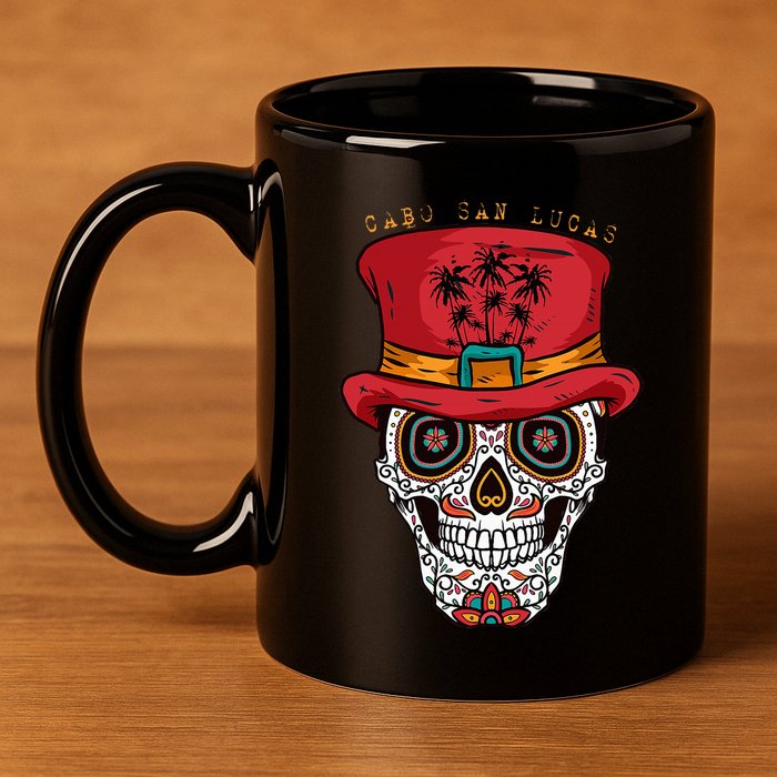 Cabo San Lucas Sugar Skull & Hat Souvenir 11oz C Handle Ceramic Mug