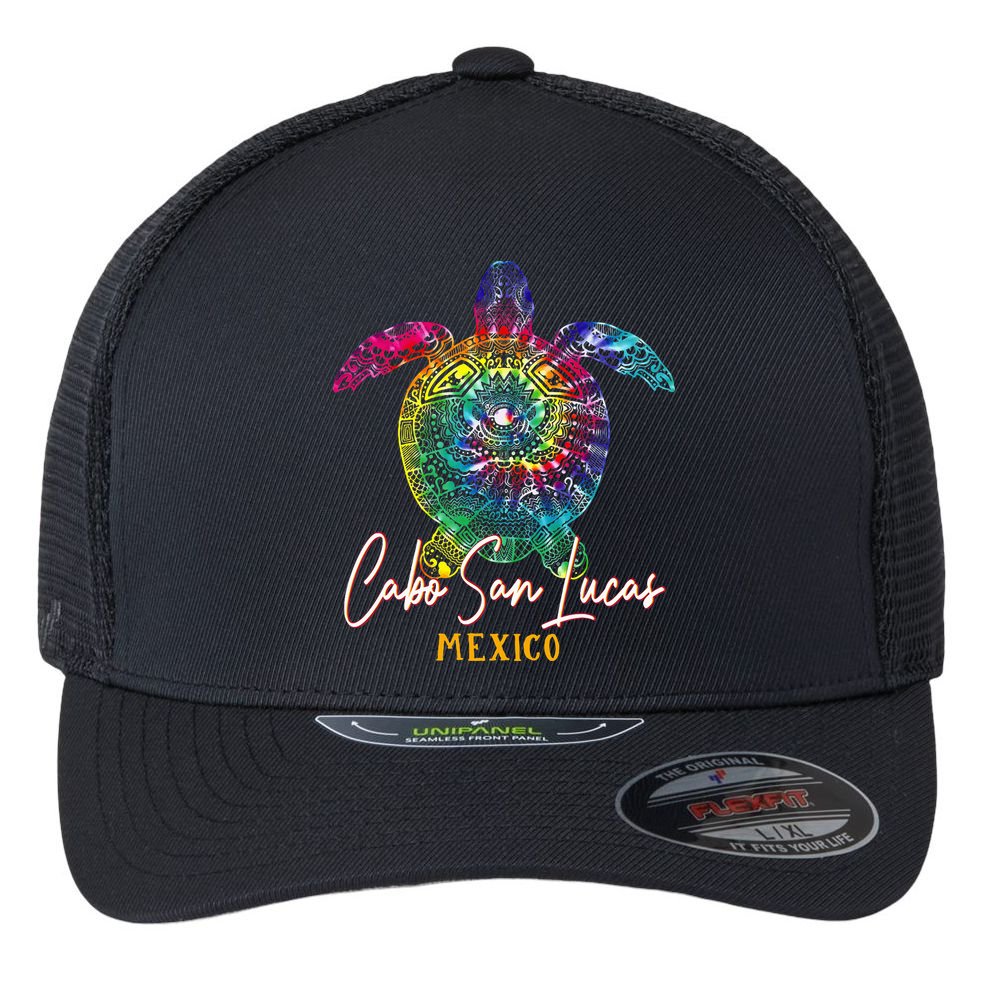 Cabo San Lucas Tie Dye Sea Turtle Vacation Flexfit Unipanel Trucker Cap