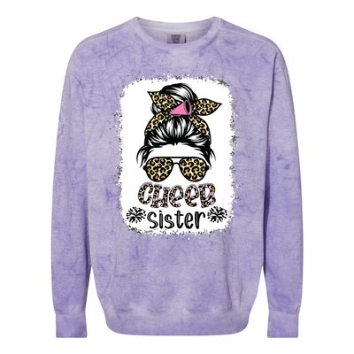 Cheer Sister Leopard Messy Bun Cheerleader Bleached Colorblast Crewneck Sweatshirt