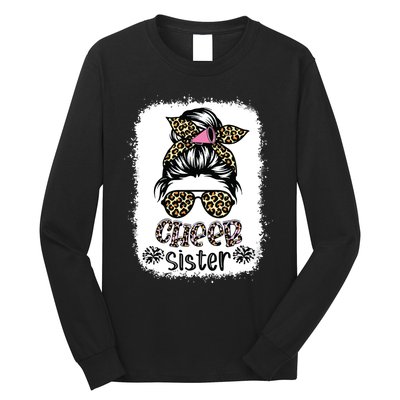 Cheer Sister Leopard Messy Bun Cheerleader Bleached Long Sleeve Shirt