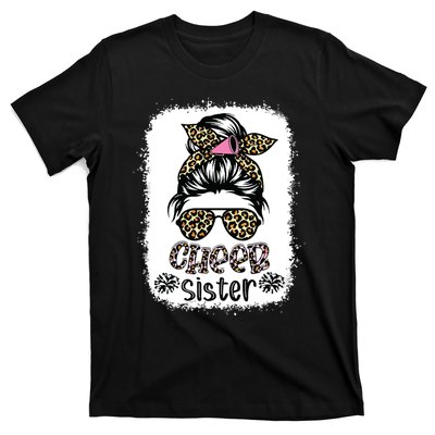 Cheer Sister Leopard Messy Bun Cheerleader Bleached T-Shirt