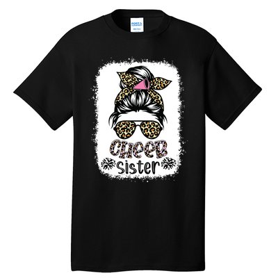 Cheer Sister Leopard Messy Bun Cheerleader Bleached Tall T-Shirt