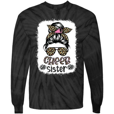 Cheer Sister Leopard Messy Bun Cheerleader Bleached Tie-Dye Long Sleeve Shirt