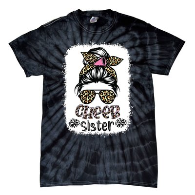 Cheer Sister Leopard Messy Bun Cheerleader Bleached Tie-Dye T-Shirt