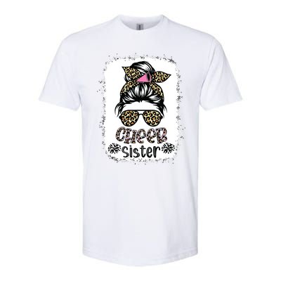 Cheer Sister Leopard Messy Bun Cheerleader Bleached Softstyle CVC T-Shirt