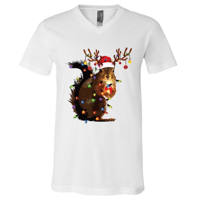 Christmas Squirrel Lights V-Neck T-Shirt